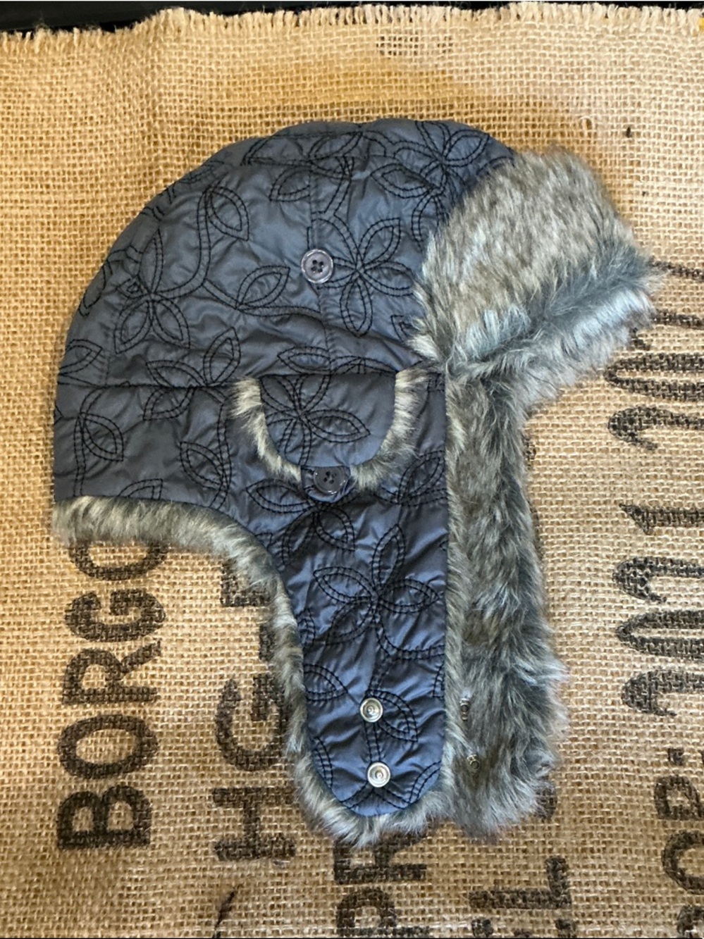 pistil Quilted Trapper Hat in Dark Gray Faux Fur